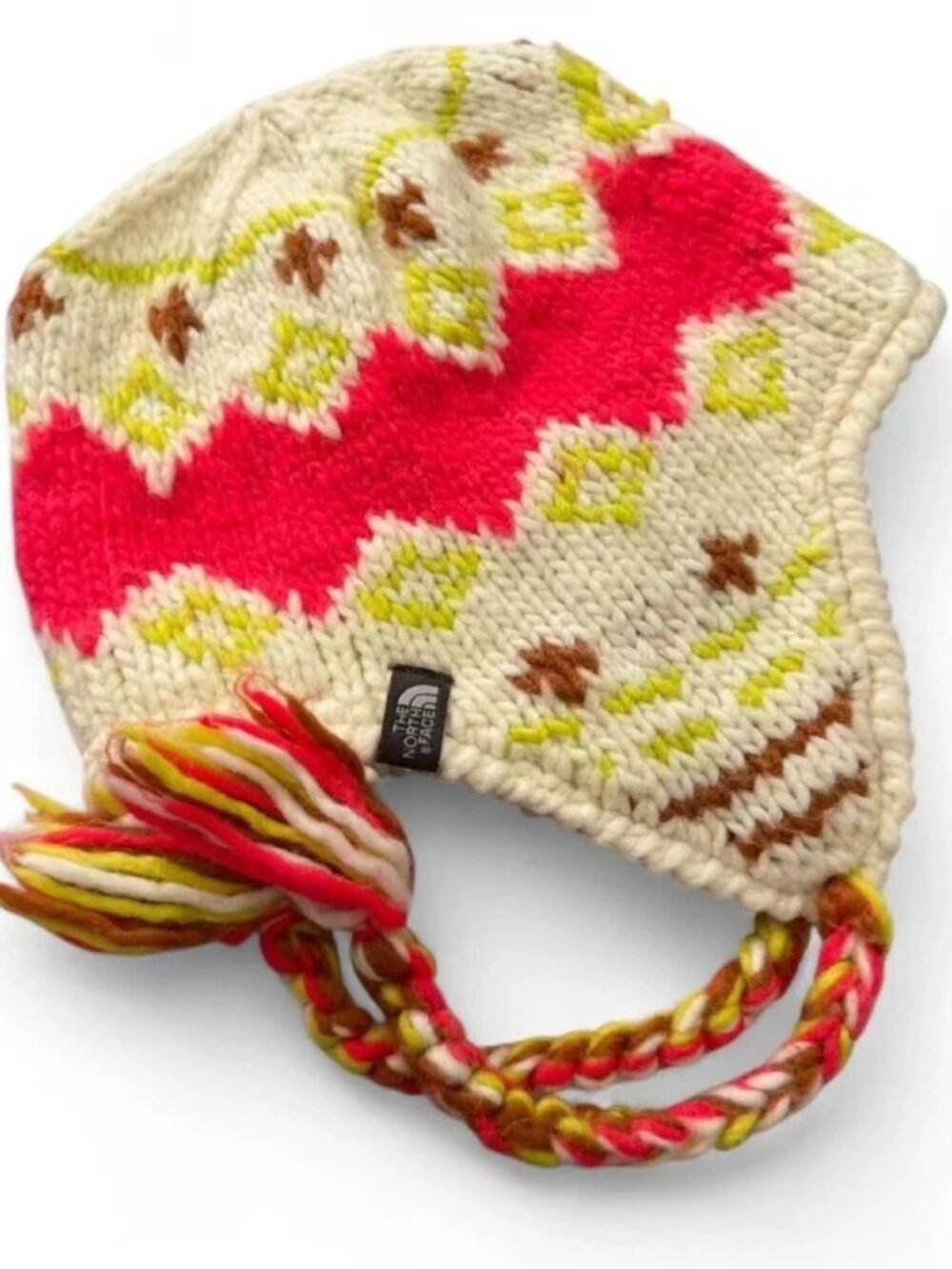 The North Face Earflap Knit Hat Wool Blend Fleece Lined Fair Isle Tassel